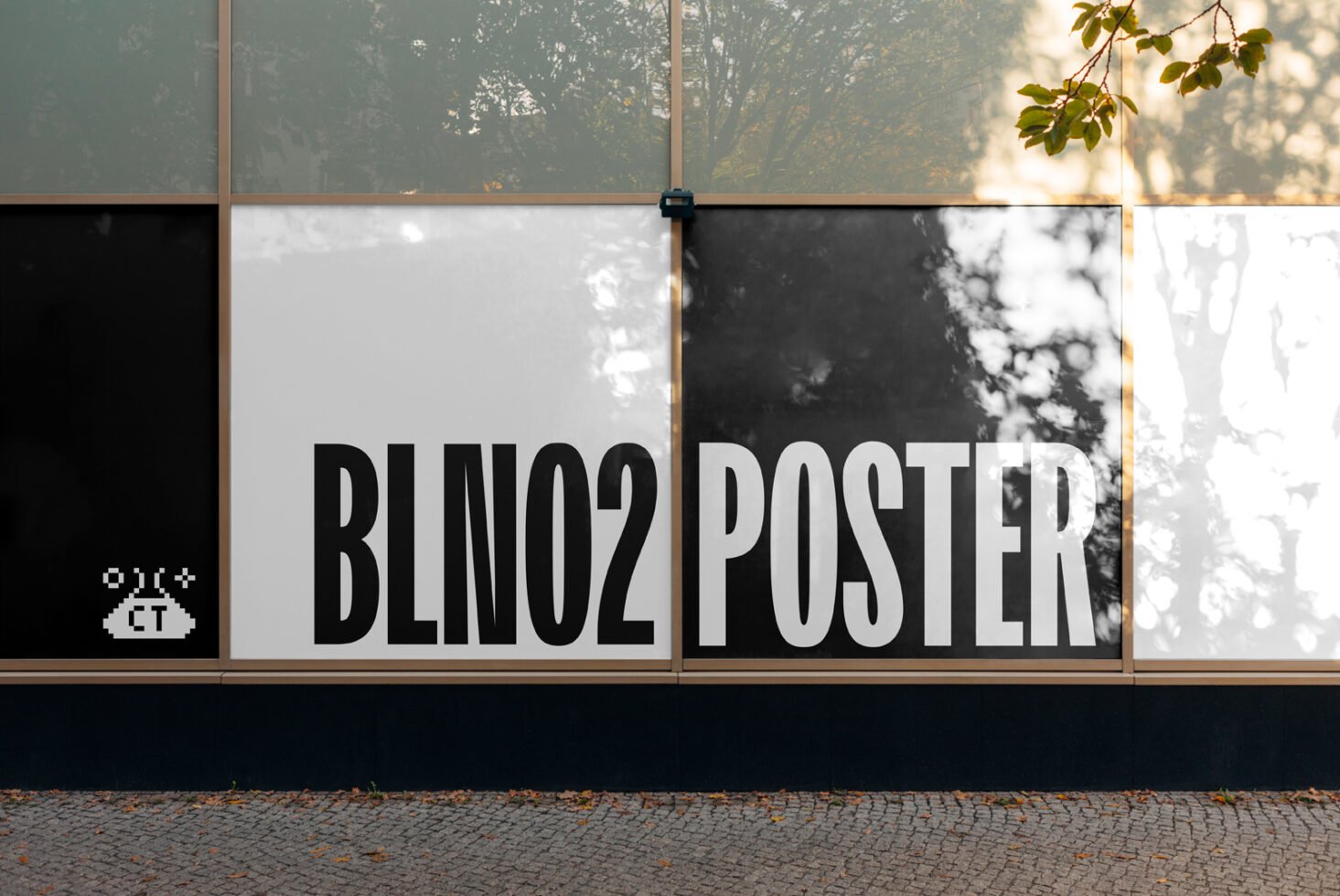 Poster mockup design on a large window display with bold typography reading BLNO2 POSTER ideal for graphic designers marketing and advertising projects.