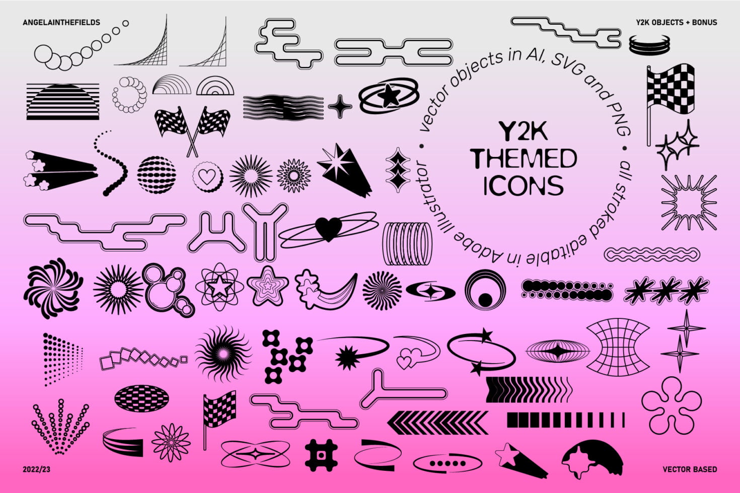 Retro Y2K icons with stars, hearts, spirals, checkered patterns, motion lines