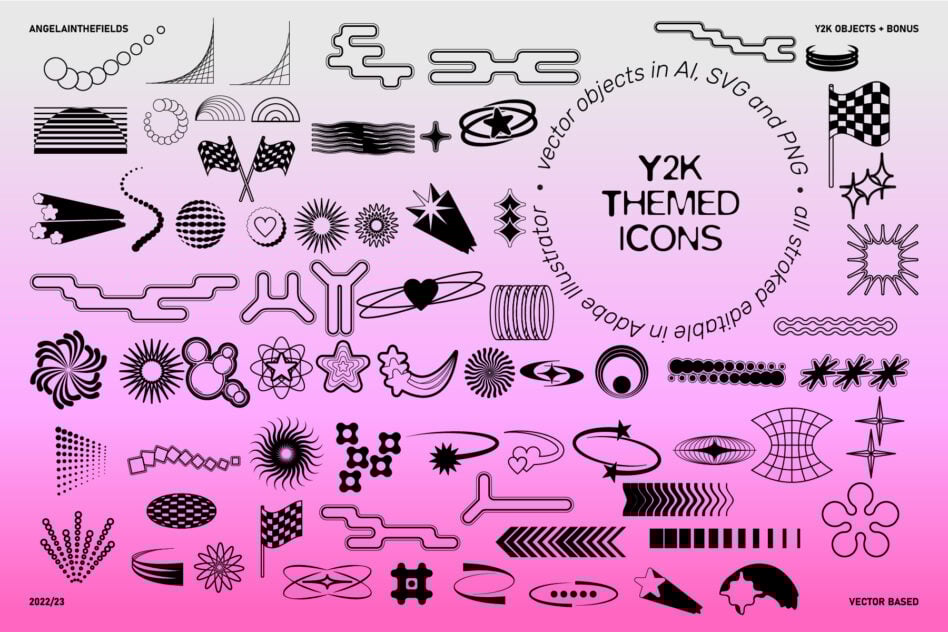 Y2K themed vector icons in AI SVG PNG formats on pink gradient background for digital design mockups and templates. Editable in Adobe Illustrator.