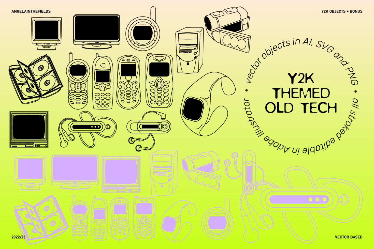 Y2K tech clipart with old phones, camcorders, CRT monitors, game devices in line art