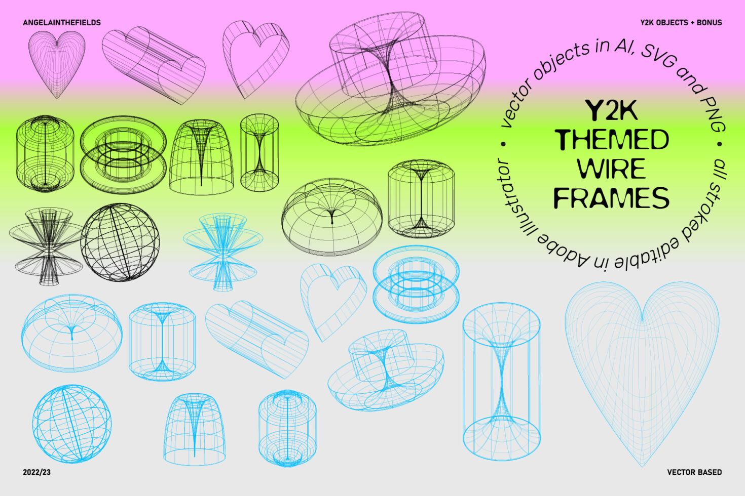 Wireframe 3D shapes in pink, green, blue including hearts, spheres, domes, cylinders