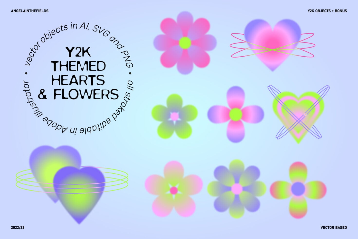 Y2K gradient flowers hearts with wings orbital rings pastel blend