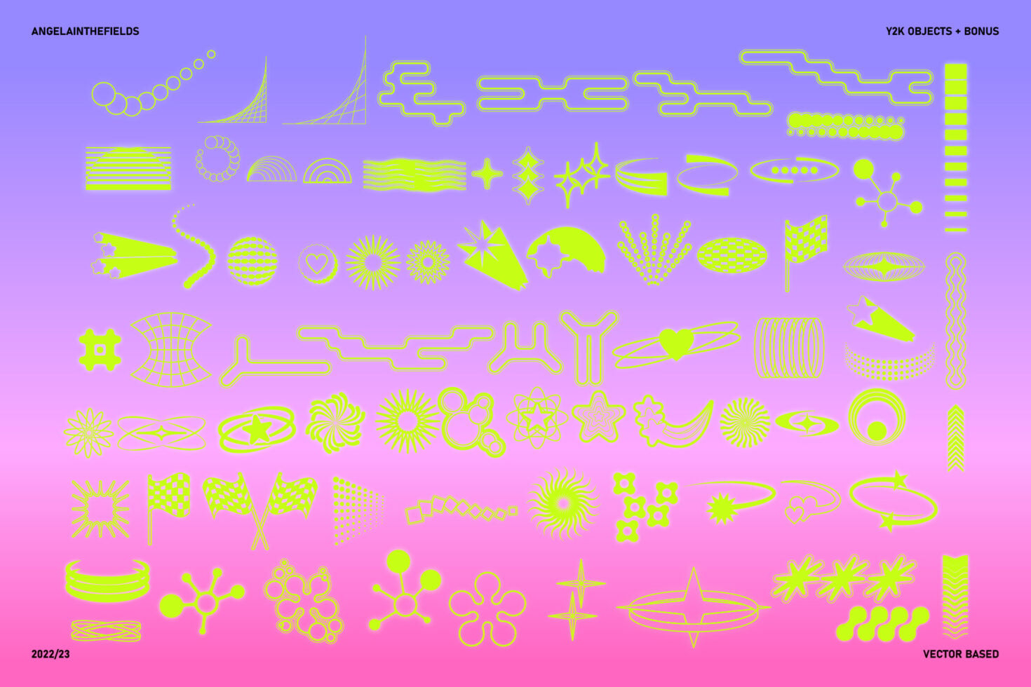 Neon yellow geometric shapes stars circles doodles on purple pink background