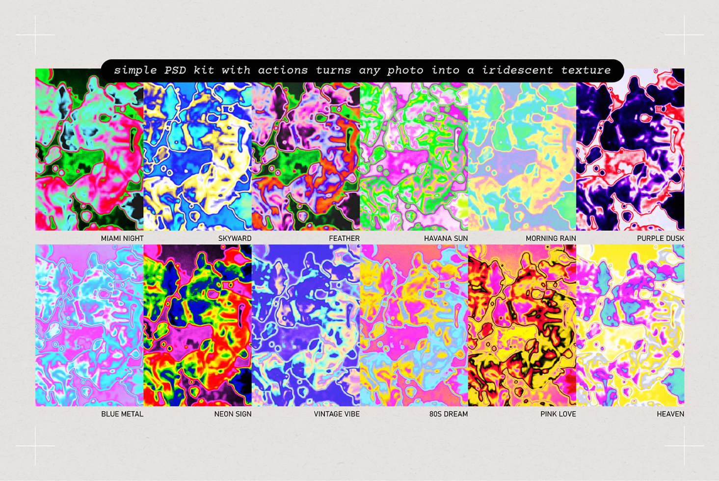 Iridescent texture pack with vibrant abstract designs for Photoshop; includes actions for easy customization; digital assets for designers; mockup.