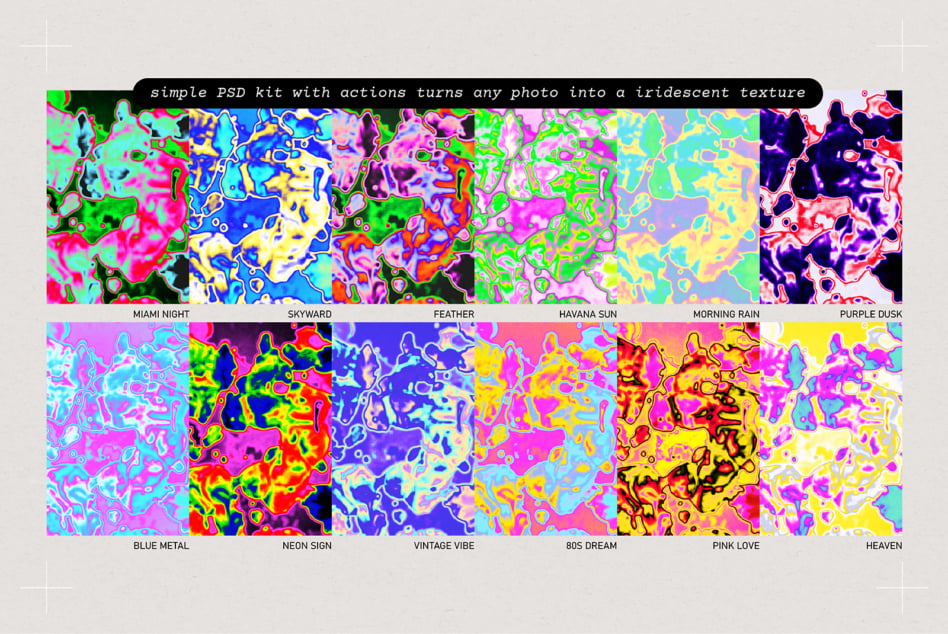 Grid of 12 iridescent texture presets showing neon liquid swirl effects in vibrant colors