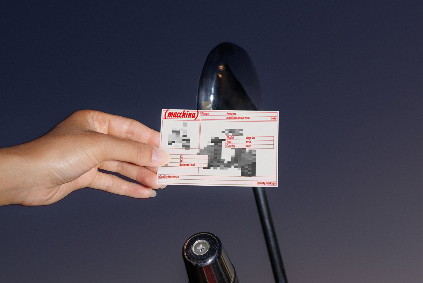 Hand holding a business card mockup against a dark background with pixelated images and red text. Ideal for designers looking for realistic presentations.