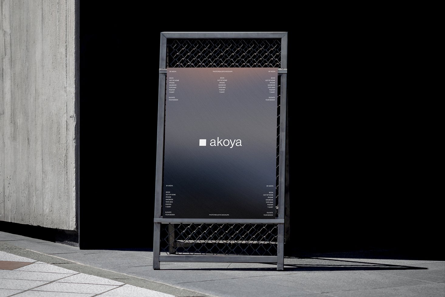 Mockup of a minimalist outdoor stand with a dark gradient poster displaying the word akoya perfect for showcasing modern branding in urban settings.