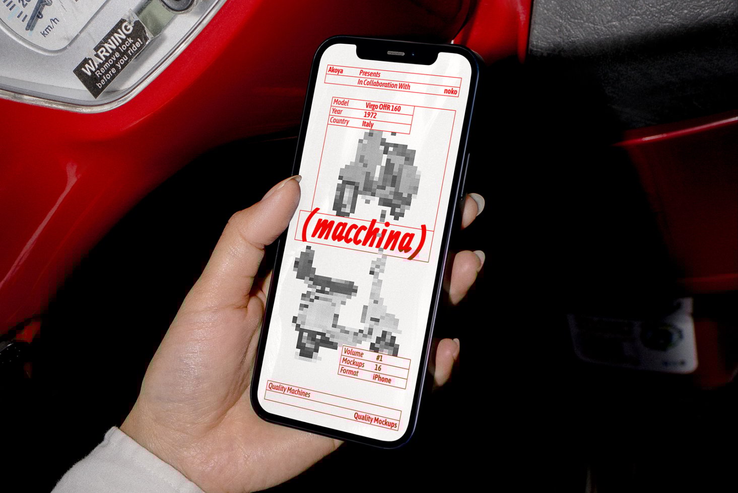 Hand holding smartphone displaying pixelated scooter mockup in retro style with red text Macchina ideal for digital assets designers templates SEO.