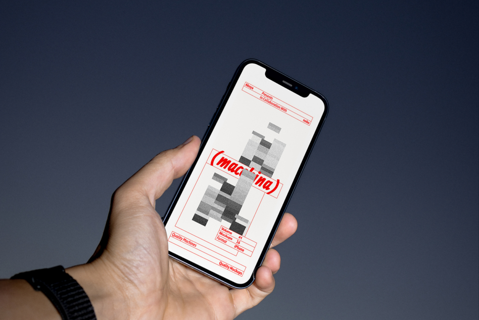 Phone in hand showing red layout design with pixelated graphic on navy