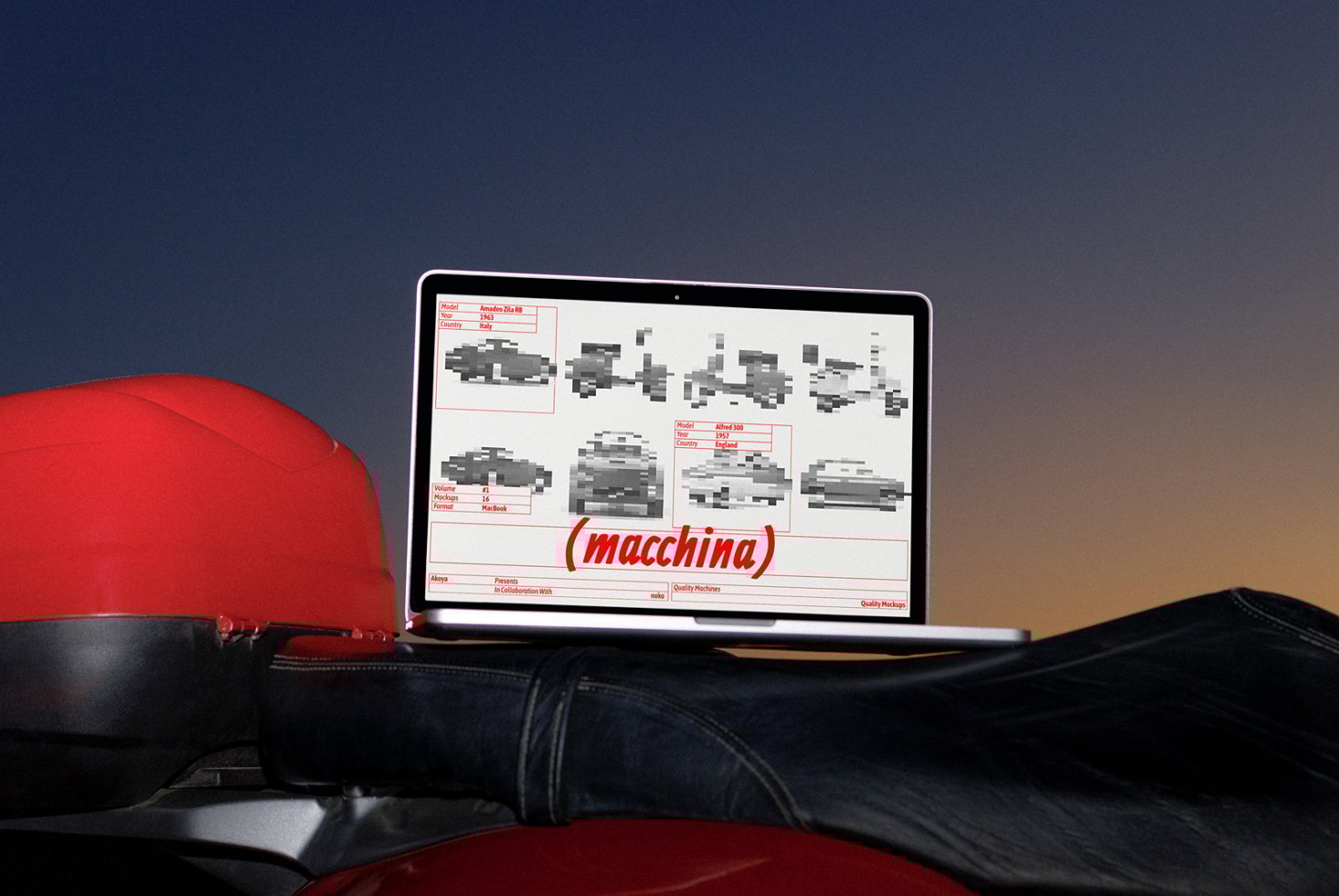 Laptop displaying pixelated car mockup designs on a motorcycle seat. Ideal for designers seeking automotive-themed graphic templates and mockups.