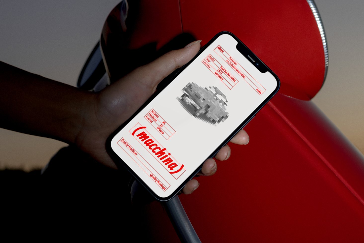 iPhone mockup with red theme on a mobile screen held by a hand. Ideal for showcasing digital designs and templates. Perfect for graphic designers.