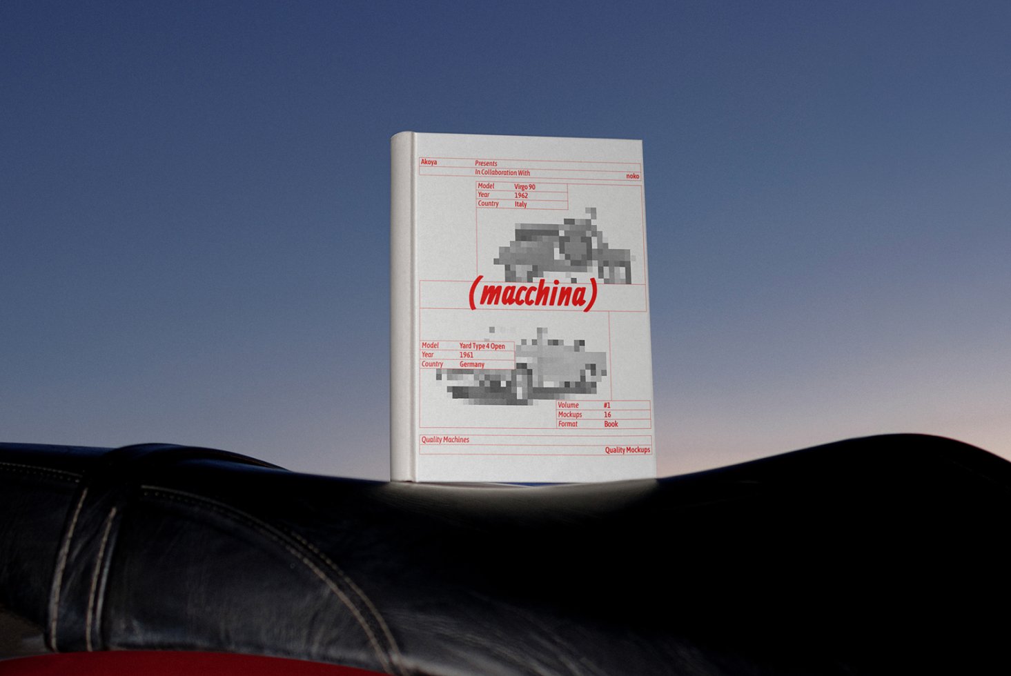 Mockup of book cover titled macchina with pixelated car images design against blue sky ideal for graphic designers and digital asset creators.