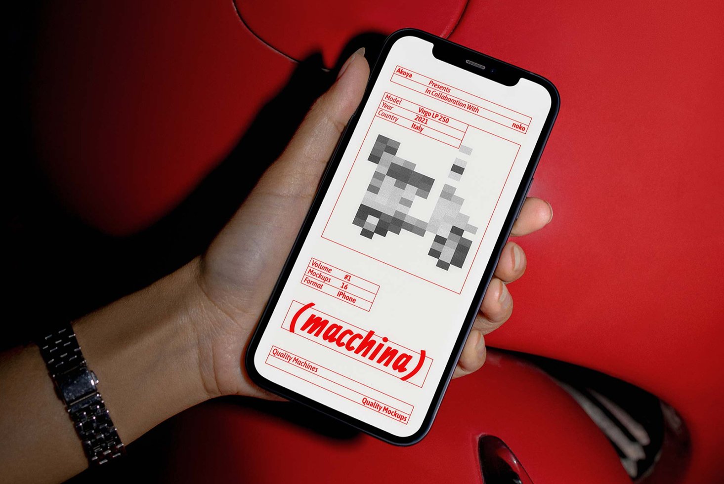 Hand holds iPhone displaying pixelated scooter design with text details against red background. Perfect for mobile mockups. Digital assets for designers.