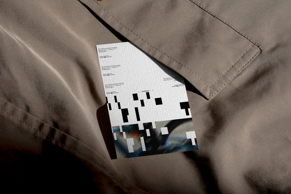 Business card mockup on fabric showing pixelated design with photo layer beneath