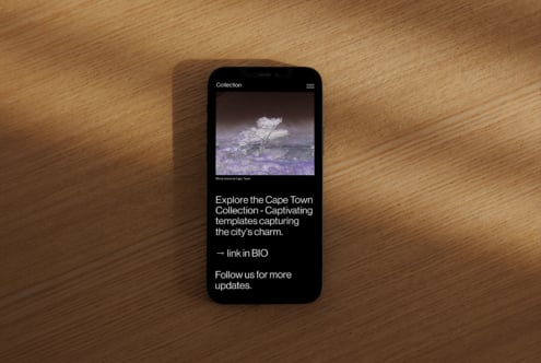 Smartphone displaying Cape Town Collection digital templates on a wooden surface. Ideal for designers seeking captivating design assets. Mockup SEO friendly.
