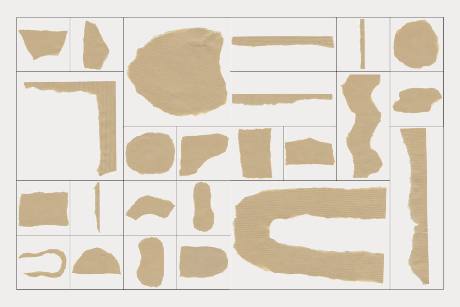 Collection of abstract torn paper pieces in various shapes on a grid. Perfect for graphic design projects. Keywords: torn paper, textures, design elements.