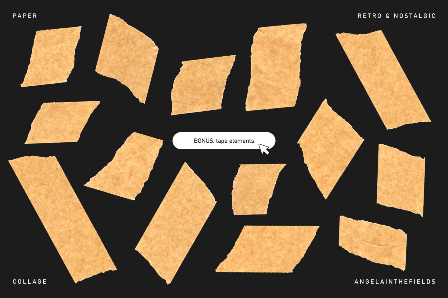 Set of torn paper pieces elements for collage design on black background ideal for vintage and retro graphics mockups digital assets for designers.