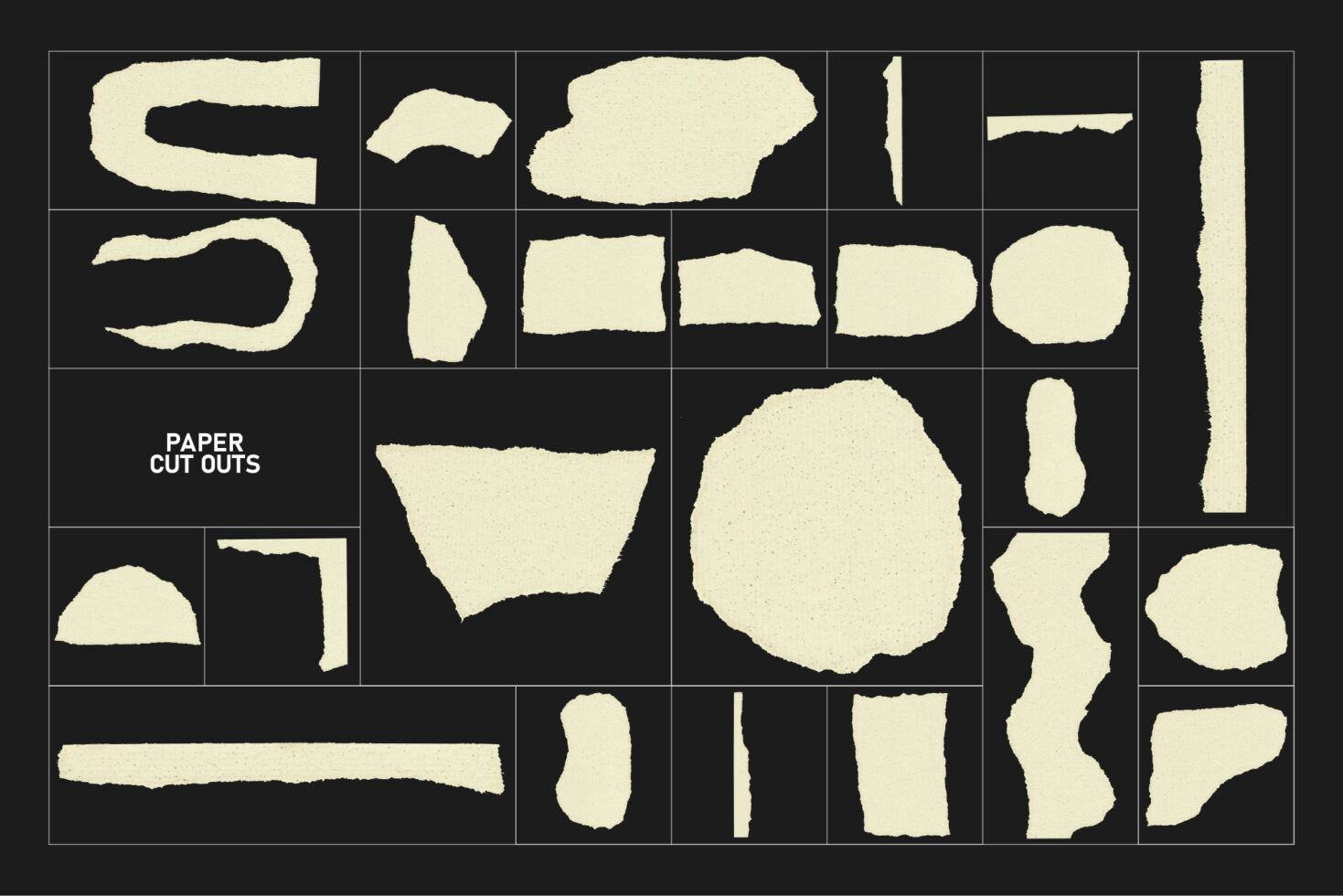 Paper cutout textures on black paper background perfect for designers. Square grid showcases unique torn paper edges for graphic design templates.