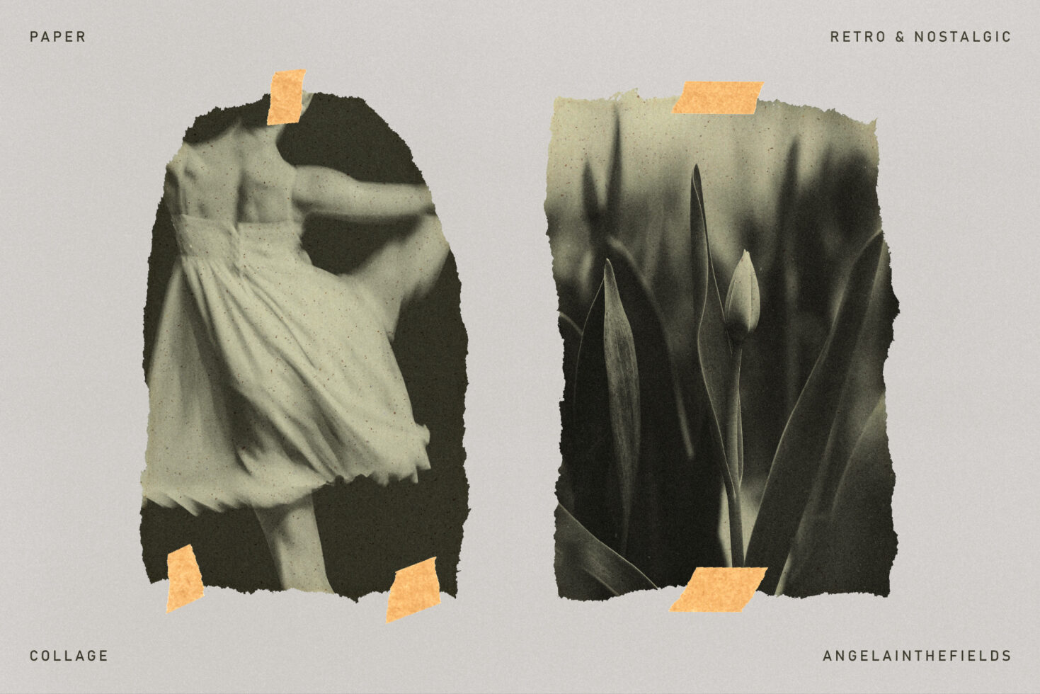 Retro collage template featuring a dancer and tulip in torn paper style. Ideal for graphic designers seeking vintage and nostalgic design assets.