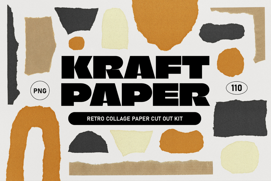 Retro kraft paper collage cut out kit with 110 PNG elements. Ideal for graphic design, crafting, vintage mockups, and creative templates for designers.