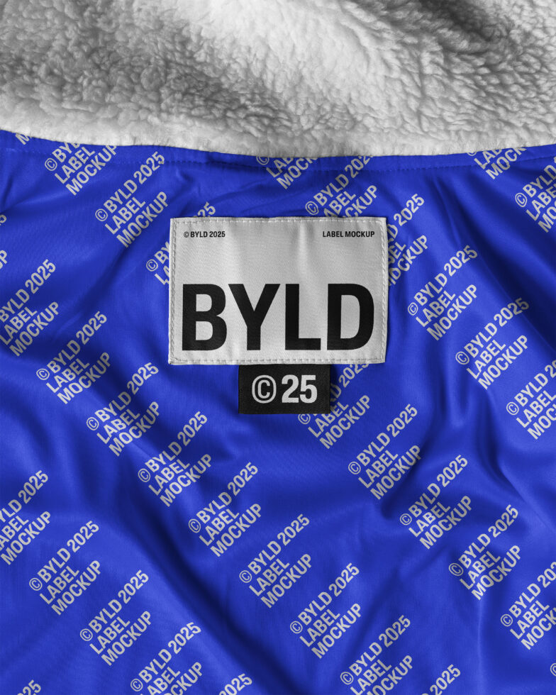 Textile label mockup design in blue with BYLD 2025 branding. Ideal for showcasing fabric tags in fashion, apparel templates, and graphic design projects.