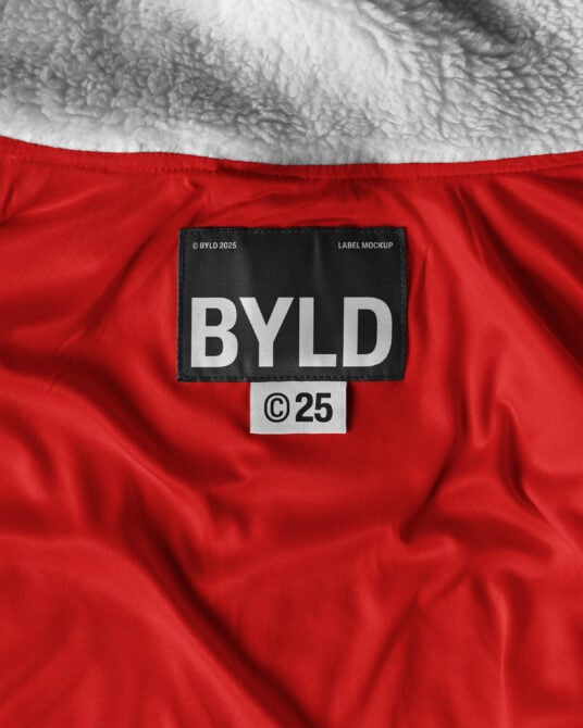 Black rectangular brand label with BYLD text on red nylon lining