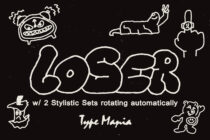 Loser TM font white neon outline on black with character illustrations