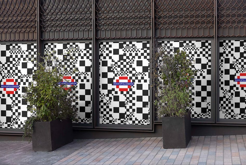 Urban store windows display mockup with black and white checkerboard design; ideal for showcasing branding or graphic design projects.