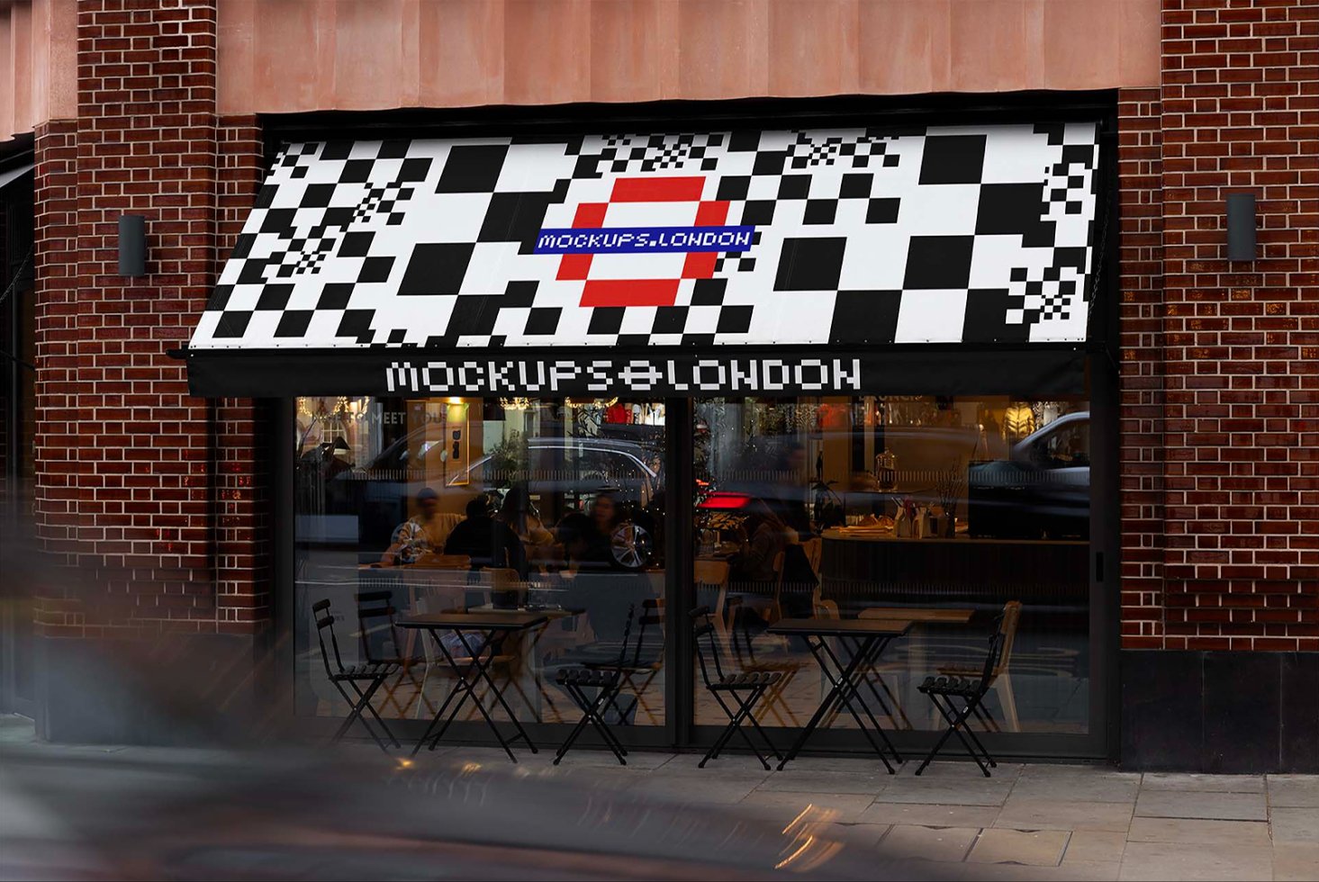 Cafe facade mockup with black and white abstract awning design. Ideal for designers seeking urban style. Keywords: mockup, cafe, awning, design.