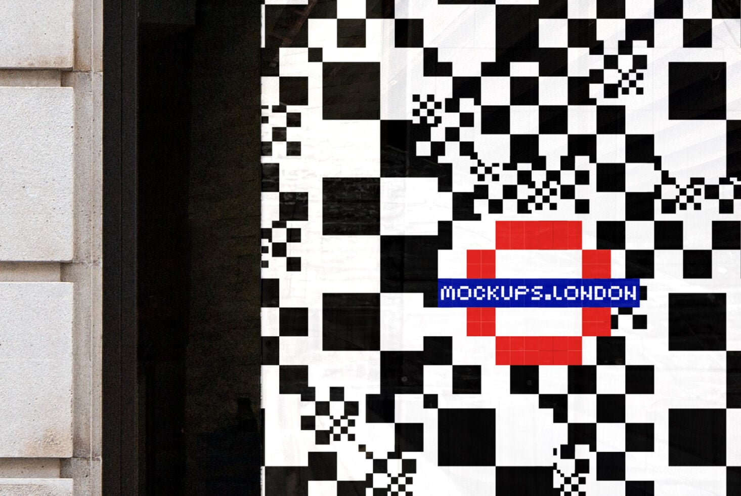 Large wall display with pixelated geometric design next to stone architecture