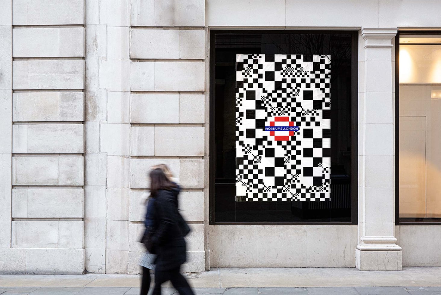 Person walking past storefront window with black checkerboard pattern mockup