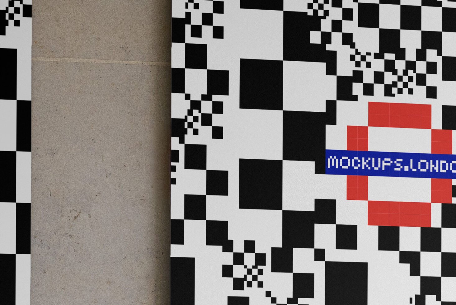 Abstract wall poster mockup with black and white checkered pattern and red accents ideal for designers seeking creative templates and graphic assets.