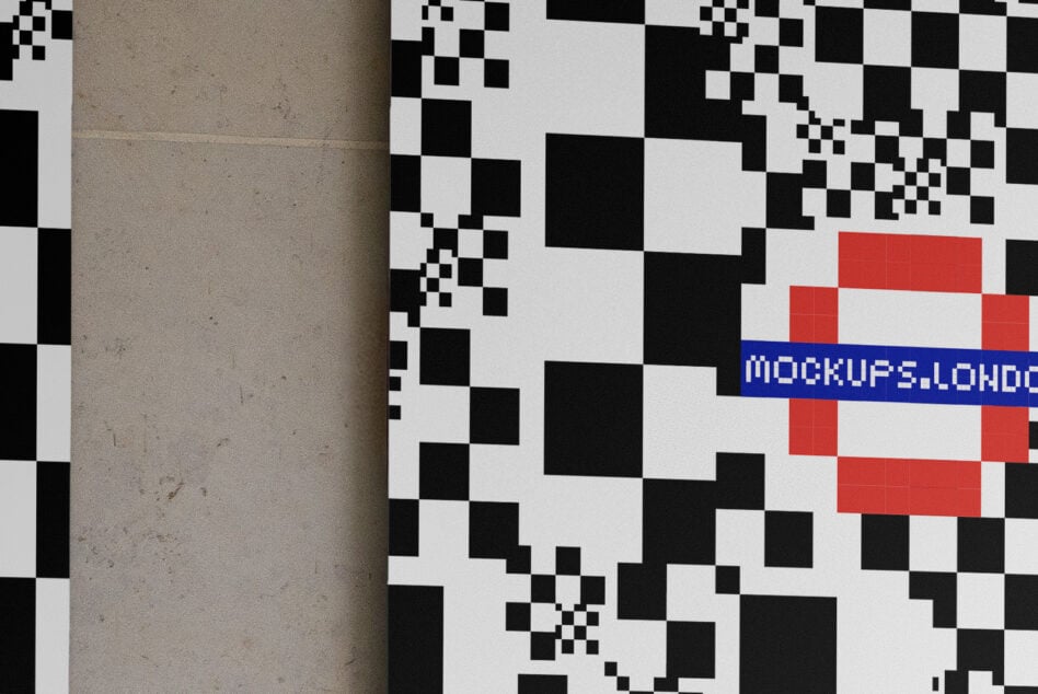 Abstract wall poster mockup with black and white checkered pattern and red accents ideal for designers seeking creative templates and graphic assets.