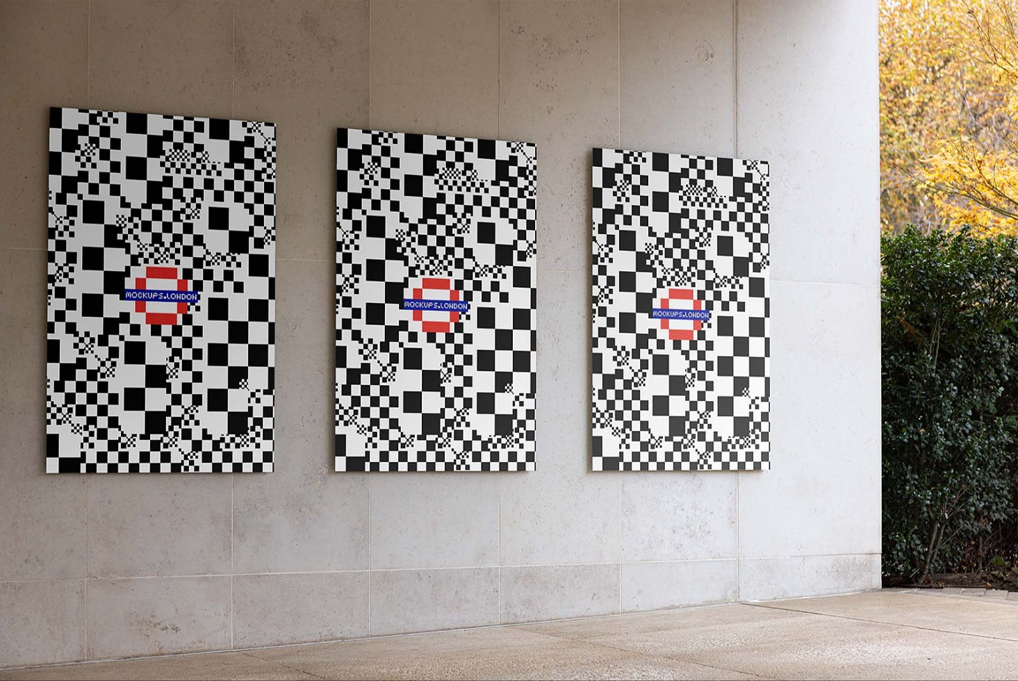Three outdoor poster mockups featuring black and white geometric patterns with London theme. Ideal for showcasing graphic design projects in templates.
