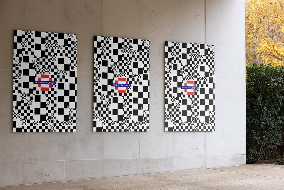 Three outdoor poster mockups featuring black and white geometric patterns with London theme. Ideal for showcasing graphic design projects in templates.