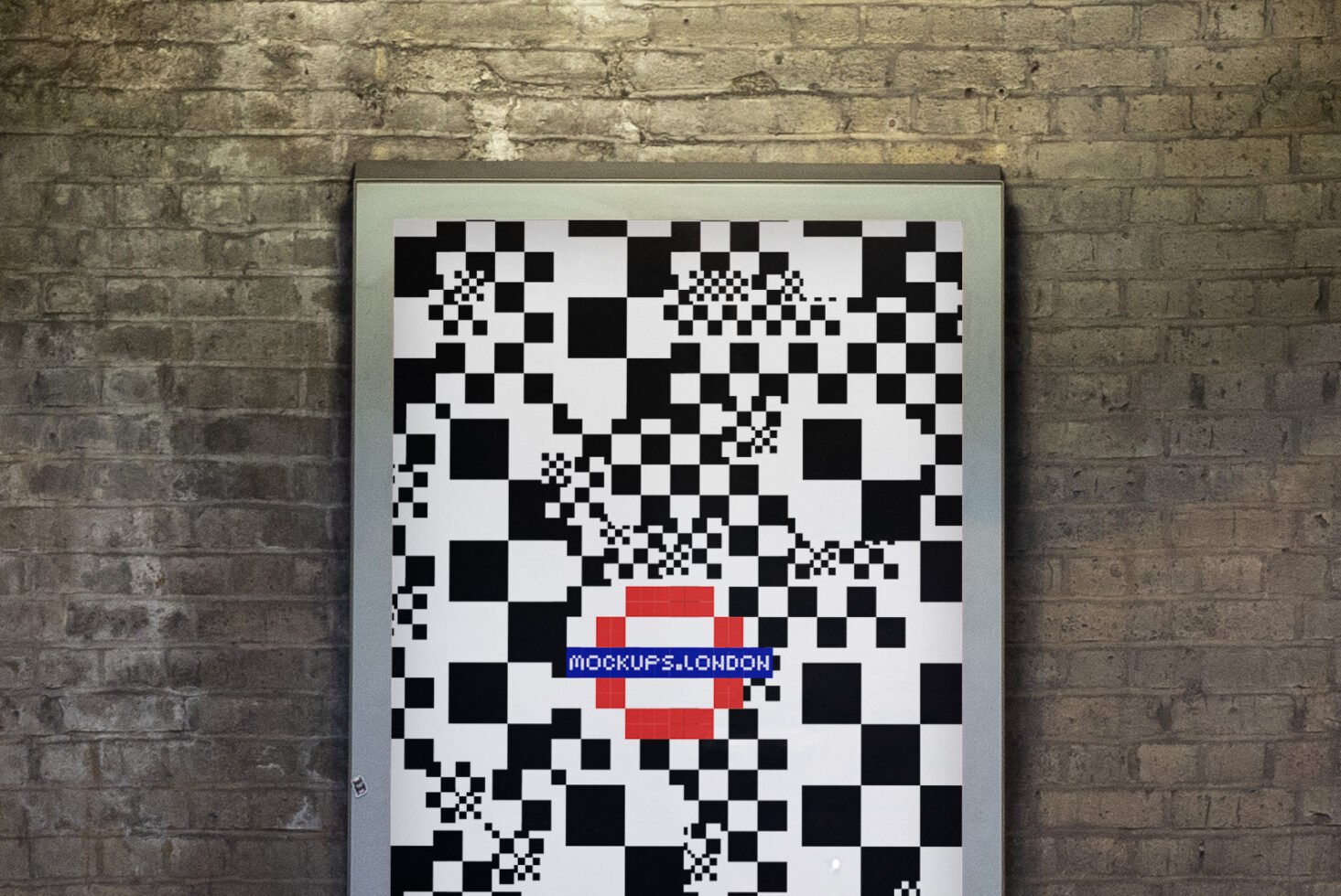 Billboard poster mockup with geometric black and white pattern, red circle accents. Ideal for graphic design templates, urban background context.