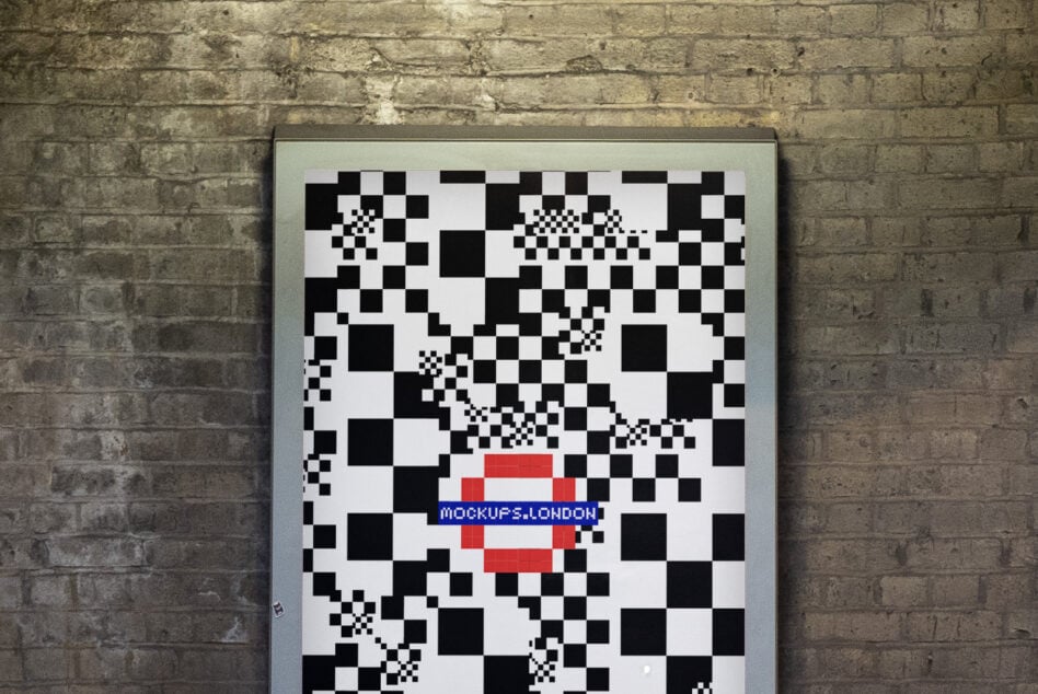 Billboard poster mockup with geometric black and white pattern, red circle accents. Ideal for graphic design templates, urban background context.