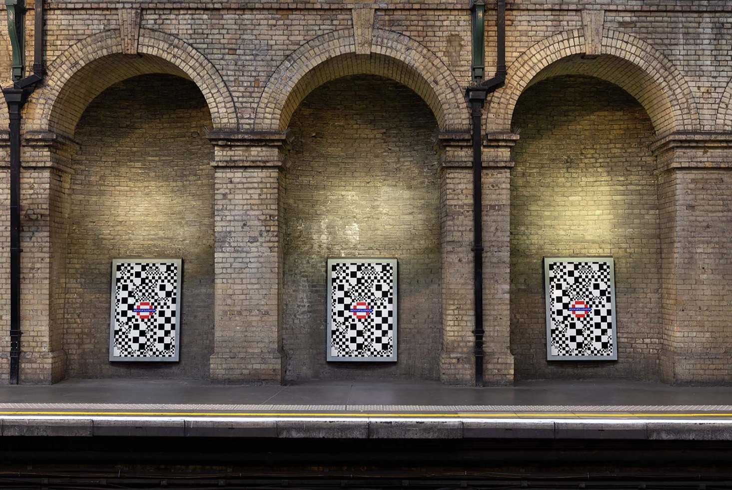 Subway platform with checkerboard posters in arched brick alcoves. Ideal for design mockups, graphic backgrounds, and urban art templates.