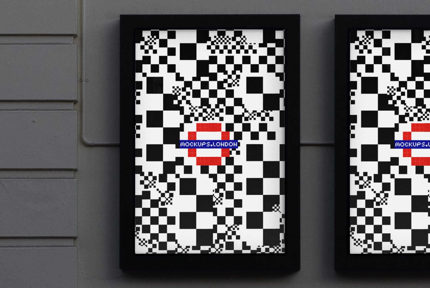 Wall-mounted digital poster mockup featuring black and white geometric patterns with text Mockups London targeted for graphic designers templates.