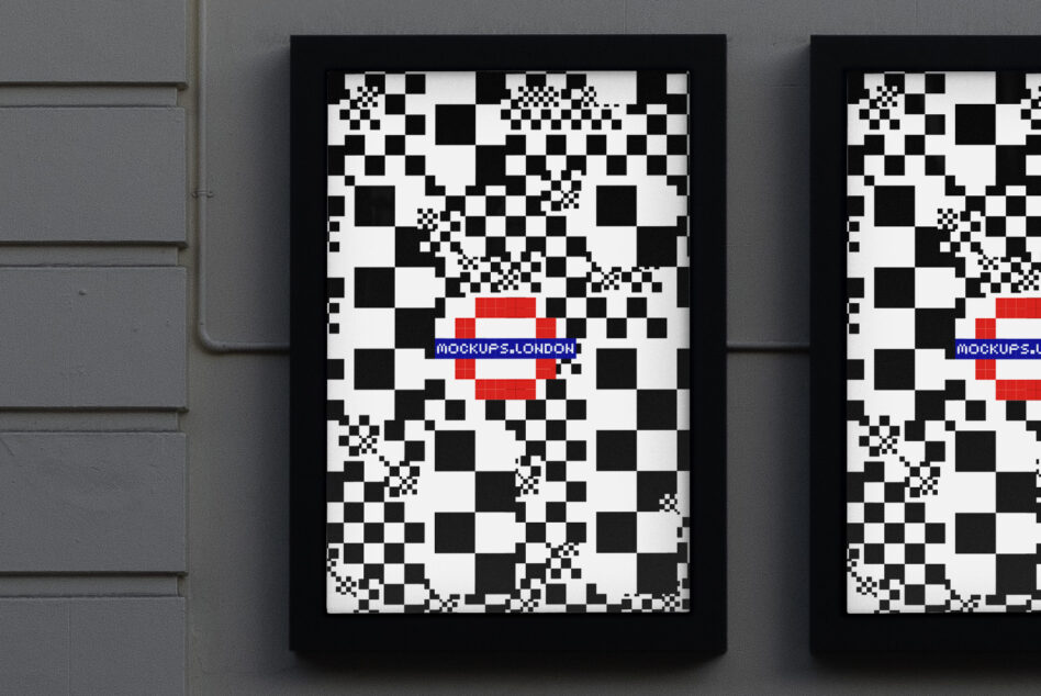 Wall-mounted digital poster mockup featuring black and white geometric patterns with text Mockups London targeted for graphic designers templates.