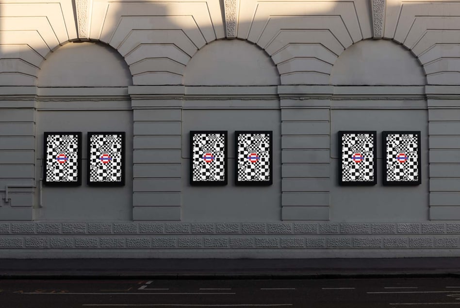 Urban mockup of six digital posters with abstract geometric patterns and red accents on a classic building façade. Ideal for graphic designers.