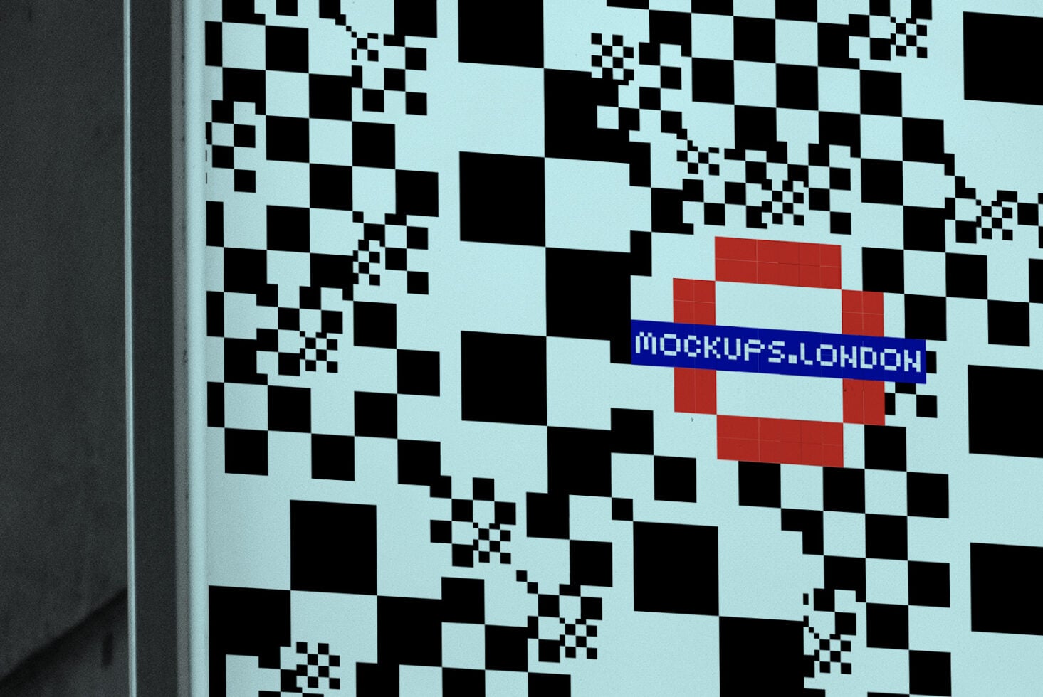 Close up of light blue wall with pixelated checkerboard design mockup