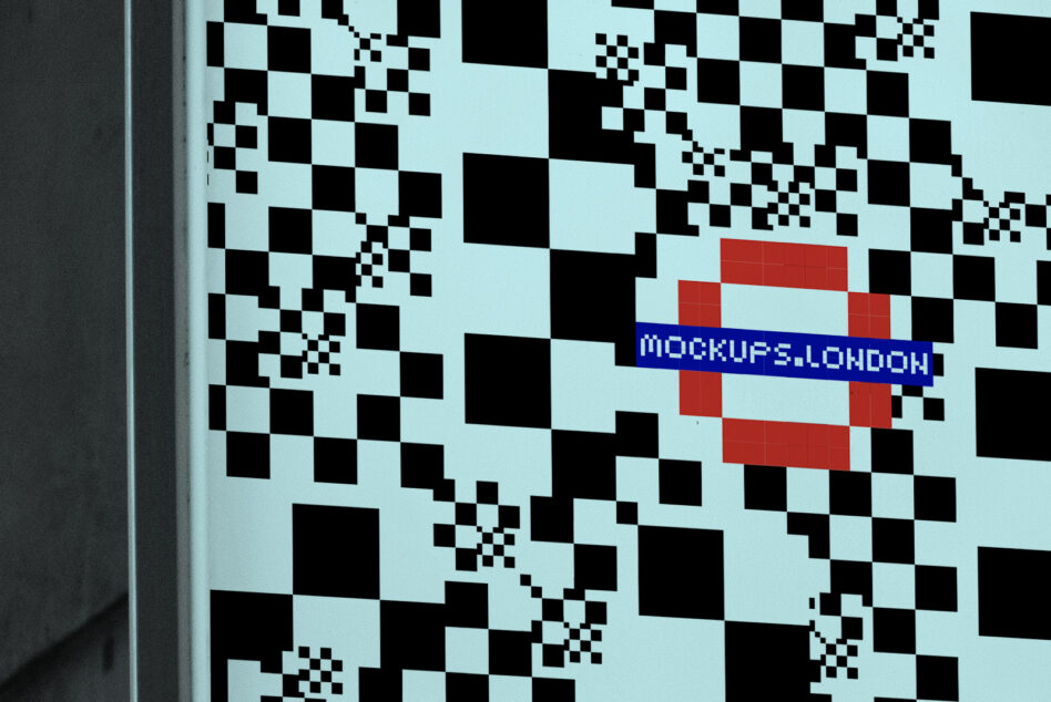 Close up of light blue wall with pixelated checkerboard design mockup