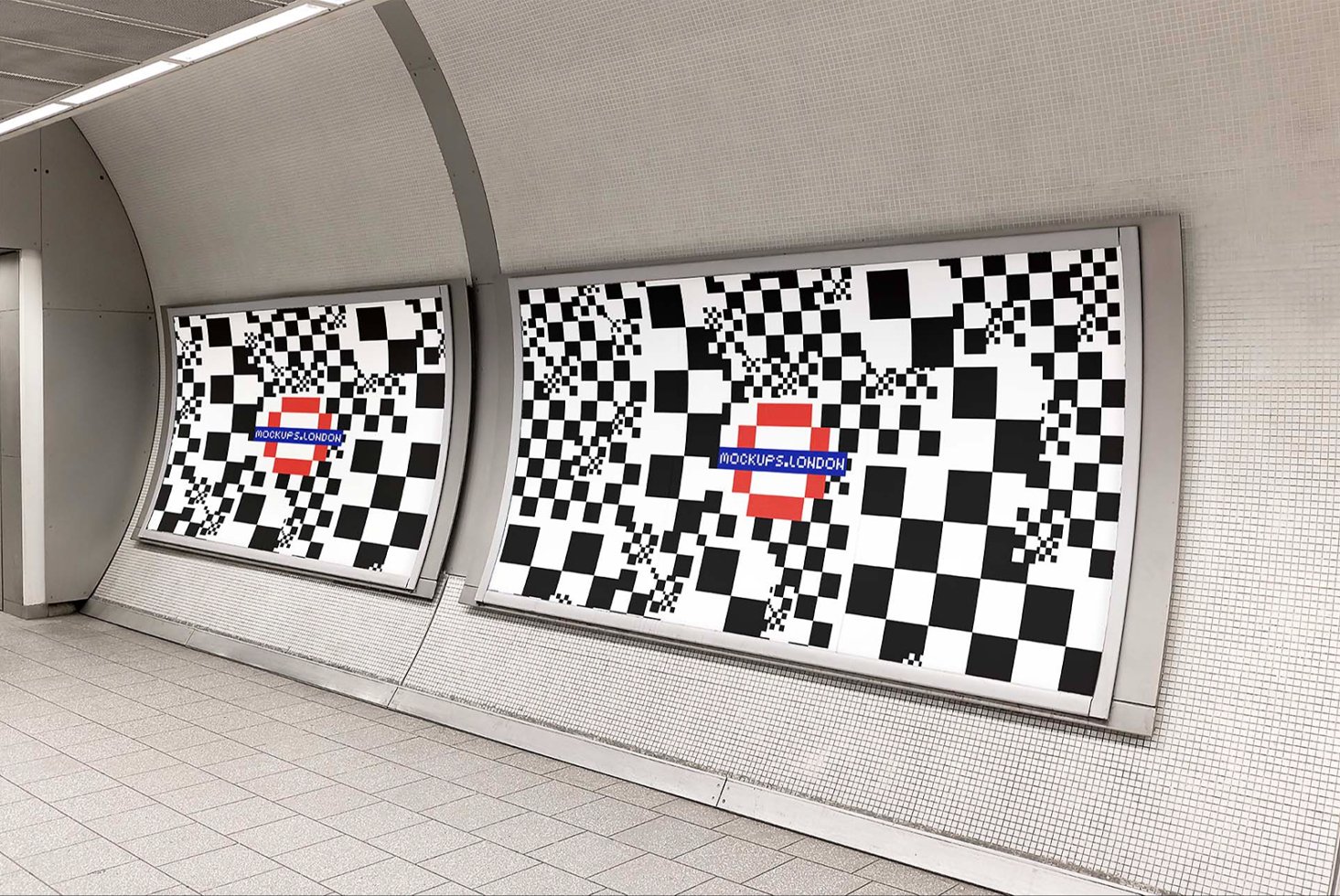 Subway station wall with abstract checkered graphics for poster mockup presentation. Design showcase in urban environment for designers.