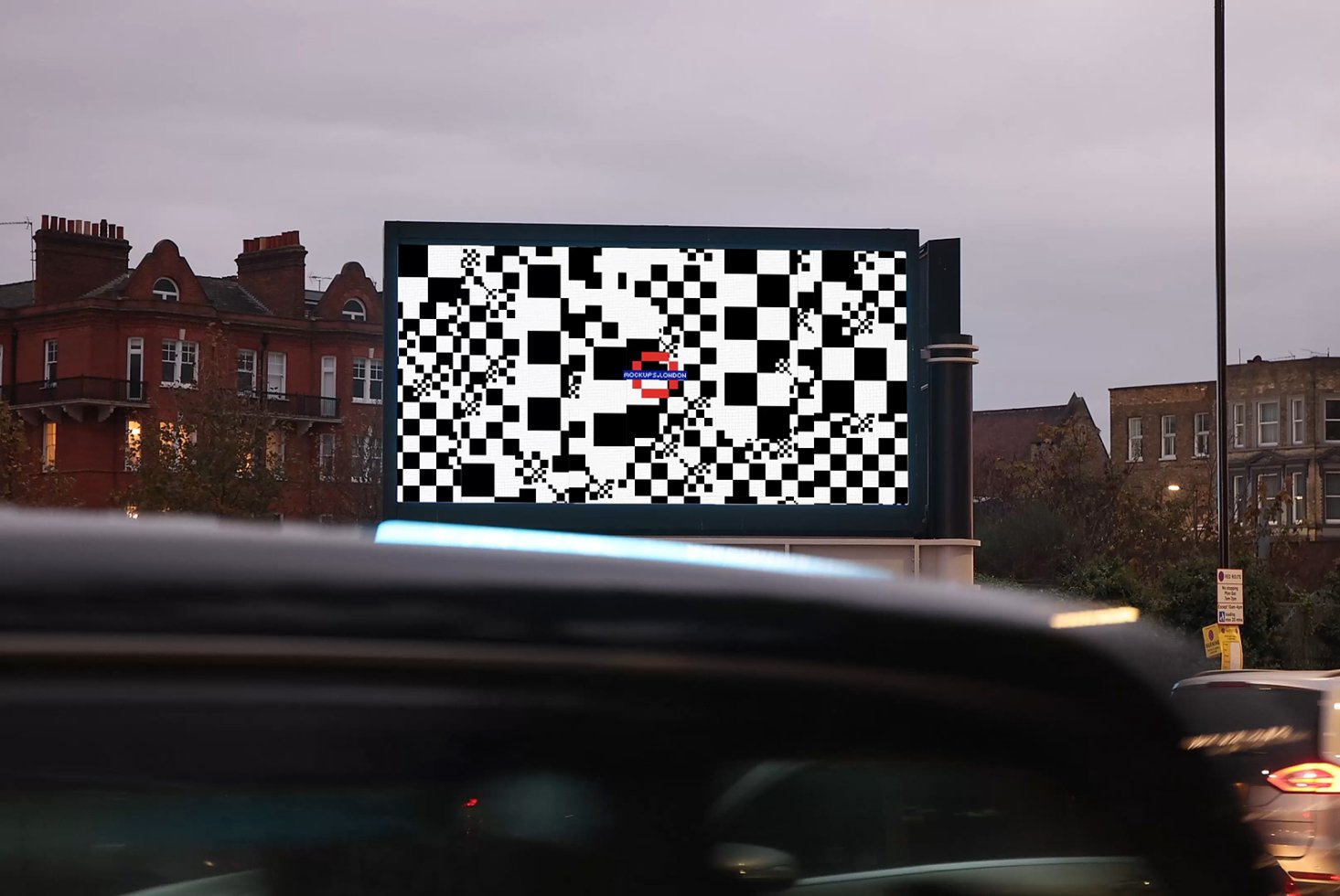 LED billboard mockup displaying black and white checkerboard pattern in urban setting perfect for designers outdoor advertisement marketing graphics