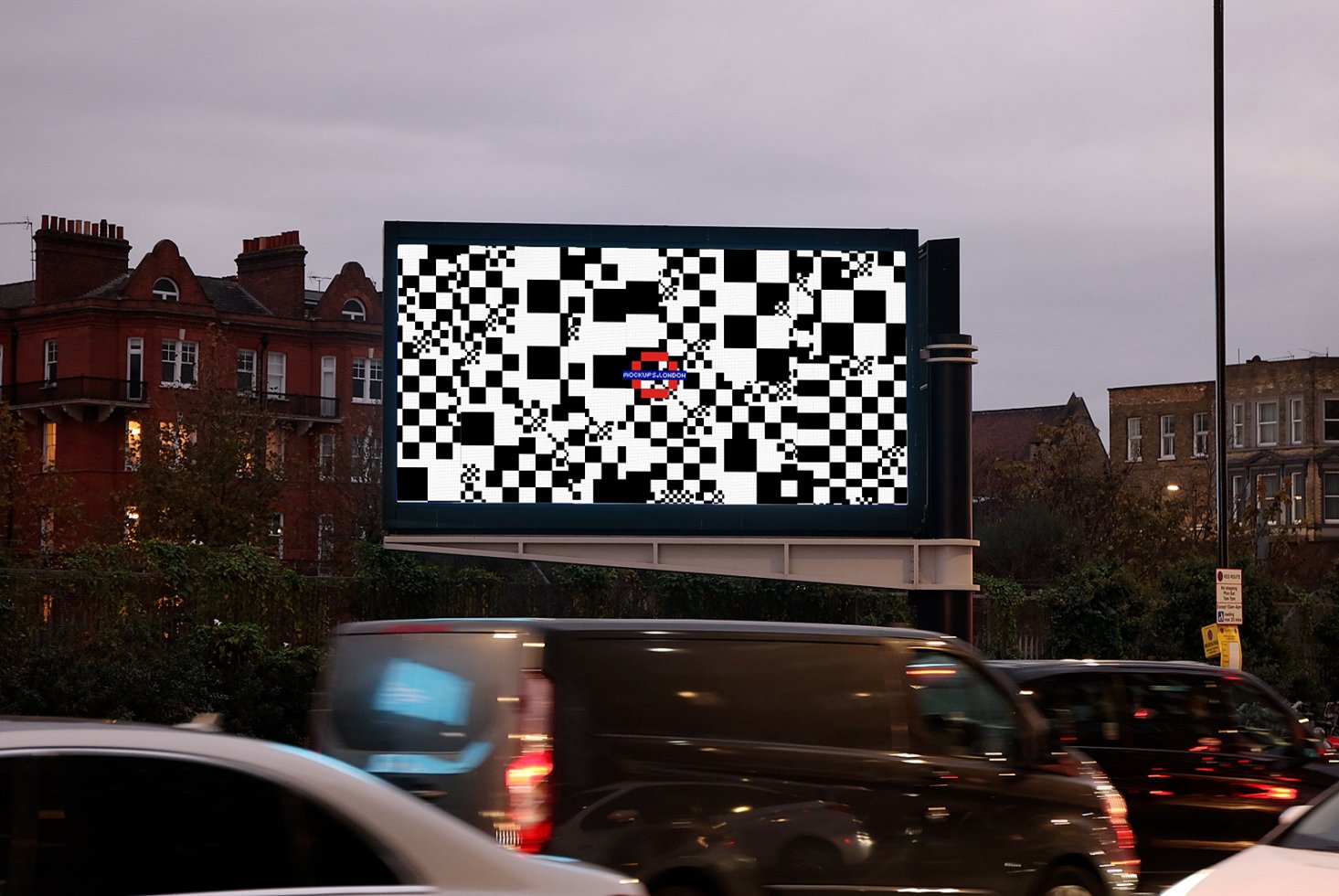 Urban billboard mockup with pixel art design in city setting, traffic in foreground, ideal for showcasing digital graphics, templates, and advertising.