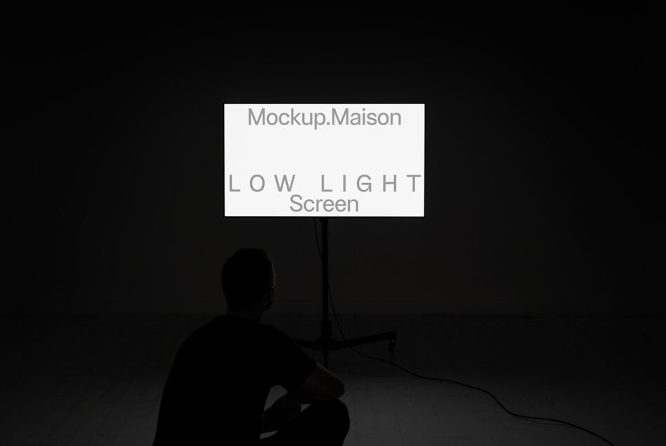 Person viewing monitor with white screen displayed on dark background
