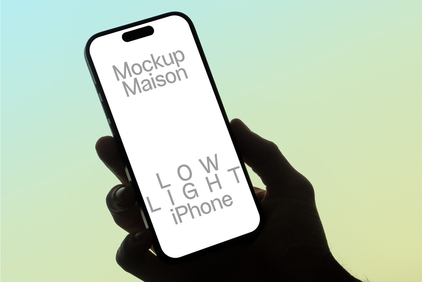 Mockup of an iPhone held in hand with low light gradient background. Perfect for showcasing app designs. Ideal for designers seeking iPhone mockups.