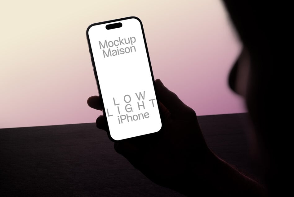 iPhone mockup in low light setting, showcasing design concepts for digital assets. Perfect for designers seeking high-quality templates and graphics.