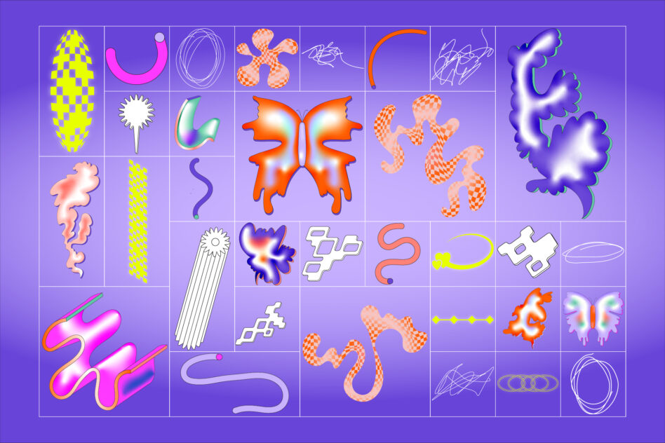 Grid of 118 vibrant squiggles, blobs, stars, orbits in neon colors on purple